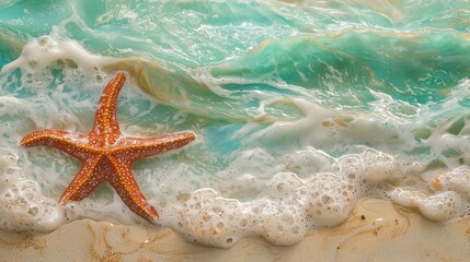 Aufkleber - Nestled on golden sands, a vibrant starfish sits serenely while gentle waves playfully lap at its edges. The tranquil scene captures a perfect day by the ocean