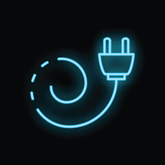 Poster - neon blue electric plug with coiled wire glowing on black background, representing concepts like ele