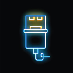 Poster - Blue neon usb flash drive icon glowing on black background, data storage concept