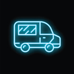 Poster - Blue neon sign depicting a delivery van is glowing on a black background