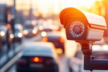 Poster - Surveillance camera monitoring busy city traffic at sunset