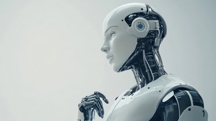 Poster - Futuristic humanoid robot in minimalist setting, pondering