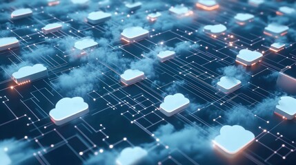 Leinwandbilder - Cloud Computing Connections with File and Folder Icons in a Digital Network, Isometric View of Data Sharing for Global Business and Smart Working