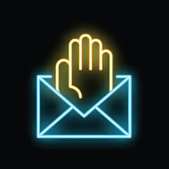 Poster - Neon sign depicting a hand putting a letter in an envelope, on a black background