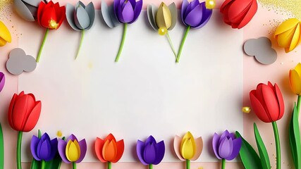 Poster - White background with a bunch of flowers and a cloud. The flowers are red, yellow, and purple