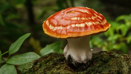 Poster - Vibrant red and orange ganoderma lucidum mushroom on a mossy log surrounded by green foliage showcasing traditional Chinese medicine elements