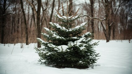 Poster - Snow-covered evergreen tree in a serene forest setting surrounded by white snow, showcasing lush green branches against a winter backdrop.