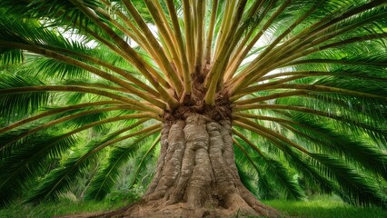 Fototapete - Majestic tropical tree with wide, sweeping fronds in vibrant green, viewed from ground level, showcasing textured bark and lush surroundings.