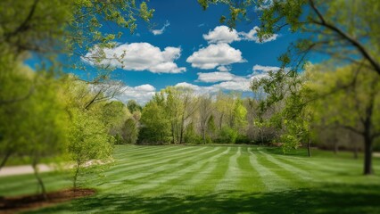 Aufkleber - Lush green lawn with striped patterns under a bright blue sky featuring fluffy clouds surrounded by vibrant trees in a tranquil spring landscape