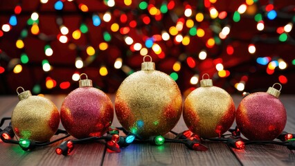 Poster - Colorful Christmas ornaments in gold and red arranged in a row with a blurred backdrop of multicolored lights creating a festive atmosphere.