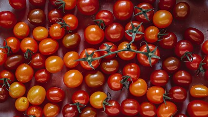 Aufkleber - Vibrant red and orange cherry tomatoes scattered on a light surface, showcasing freshness with green stems intertwined among them.