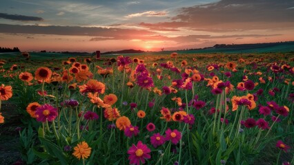 Poster - Vibrant field with blooming orange and pink flowers under a sunset sky; lush green grass and distant hills in a serene summer landscape.