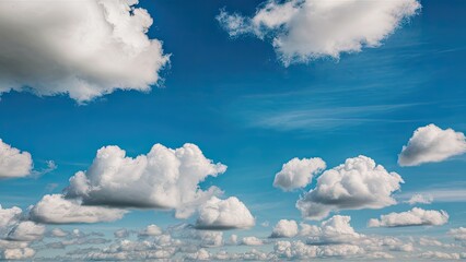Poster - Vibrant blue sky filled with fluffy white clouds scattered across the horizon capturing a serene and tranquil nature scene in daylight.