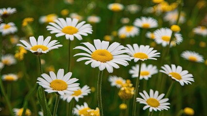 Poster - Closeup of vibrant white camomiles with yellow centers against a lush green background, capturing the essence of a natural wildflower setting.