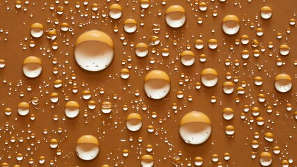 Poster - Water droplets of various sizes scattered on a light brown surface reflecting soft light creating a textured, organic background with a warm tone.