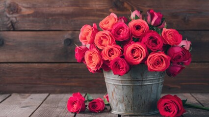 Aufkleber - Vibrant bouquet of assorted rose flowers in a vintage silver bucket positioned centrally on a rustic wooden surface with a warm wooden backdrop.