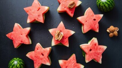 Poster - Star-shaped watermelon slices placed on a dark surface, topped with creamy cheese and scattered nuts, with whole watermelons in the background.