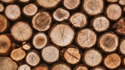 Aufkleber - Wooden circular tree sections arranged closely, showcasing distinct rings and textures, in varying shades of brown and beige against a neutral background.