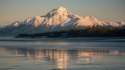 Poster - Majestic snow-capped mountain under winter sunlight reflecting on calm waters with subtle shoreline trees in the northwest Pacific region.