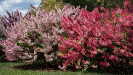 Aufkleber - Vivid lilac and pink flowering bushes in full bloom under a clear sky with green grass in the foreground creating a serene springtime scene