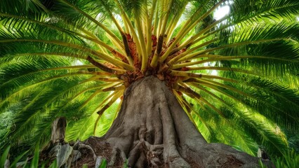Poster - Majestic tropical tree viewed from below highlighting its grand trunk and radiating fronds with vibrant green hues in a lush forest setting.