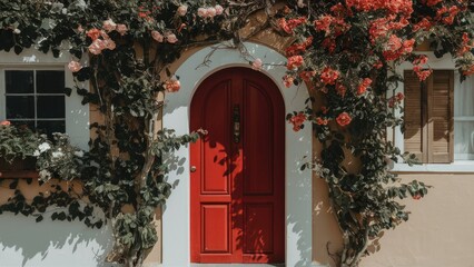 Poster - Vibrant red wooden door framed by lush greenery and blooming flowers in shades of pink and white against a beige wall with brown shutters