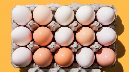 Poster - Arrangement of thirty assorted chicken eggs in a cardboard tray on a bright yellow background viewed from above with a variety of white and beige tones