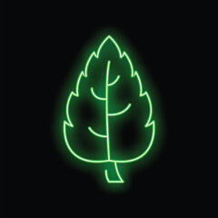 Poster - Bright green neon sign in the shape of a leaf, glowing on a black background