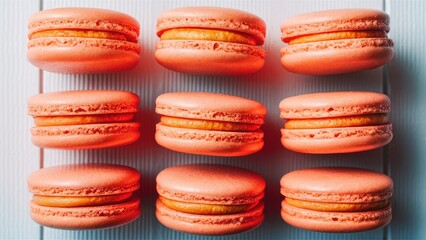 Poster - Delightful orange macarons arranged in two rows on a white wooden surface showcasing a soft pastel aesthetic with vibrant filling peeking through