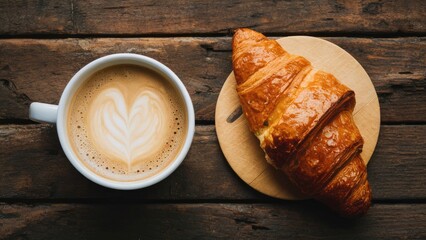 Poster - Breakfast scene featuring warm coffee with heart latte art in a white mug and a flaky cheesy croissant on a rustic wooden table background.