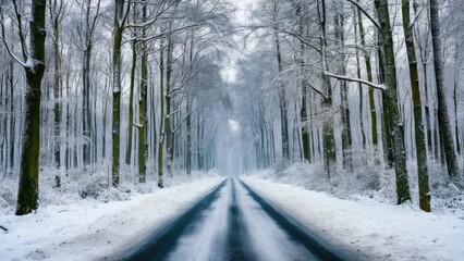 Poster - Serene winter road lined with snow-covered trees in a tranquil forest scene featuring soft gray and white hues with a hint of blue in the distance