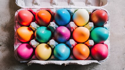 Poster - Colorful egg assortment in a carton featuring orange, pink, blue, and purple eggs arranged in three rows on a gray textured background.