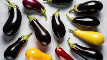 Poster - Assorted aubergines in varying shapes and colors including purple yellow and red arranged artistically on a light grey background with ample space