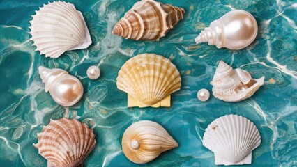 Poster - Colorful close-up of various seashells and pearls on vibrant turquoise water surface with some submerged, creating a serene coastal atmosphere.