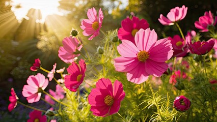 Aufkleber - Vibrant pink cosmos flowers basking in golden sunlight within a lush green garden, creating a stunning floral backdrop for gardening enthusiasts.
