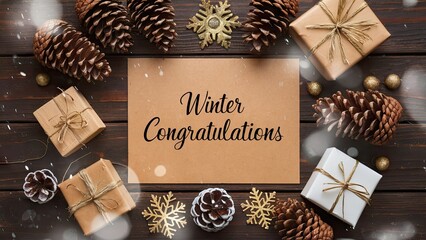 Poster - Winter Congratulations greeting card surrounded by pine cones, golden snowflakes, and festive gift boxes on a dark wooden background.