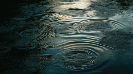 Poster - Rippling surface of a dark river with reflections in shades of blue and gray, featuring concentric circles from droplets against a smooth texture