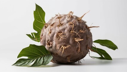 Aufkleber - Taro root with brown skin and exposed roots positioned on the left, accompanied by vibrant green leaves on a clean white background.