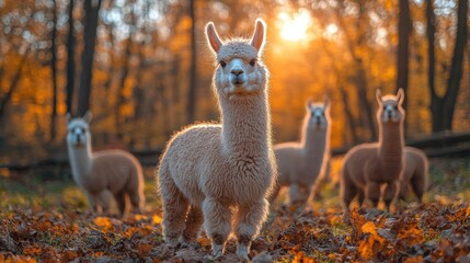 Wall Mural - alpacas in an autumn forest bathed in the warm glow of the setting sun a beautiful scene