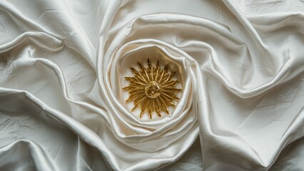 Fototapete - Elegant white silk fabric with rippled texture, featuring a central golden sun motif, creates a luxurious and sophisticated visual composition.