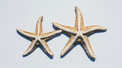 Poster - Two starfish in beige and cream colors resting side by side on a clean white background, showcasing intricate textures and natural beauty.