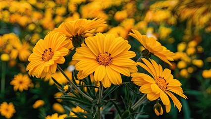 Aufkleber - Bright yellow daisies in full bloom with a lush green backdrop and hints of other colorful wildflowers creating a vibrant spring atmosphere.