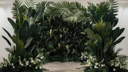 Wall Mural - Lush tropical foliage with vibrant green leaves creating a dense backdrop in a nature-themed indoor garden setting against a light background.