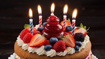Poster - Delicious birthday cake adorned with fresh strawberries, raspberries, blueberries and candles in bright colors on a dark wooden background.