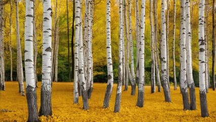Fototapete - Tall slender birches with white bark rise among a vibrant yellow carpet of autumn leaves creating a picturesque forest scene under soft light
