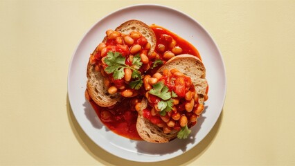 Poster - Toasted whole grain bread topped with baked beans in rich tomato sauce, garnished with fresh cilantro on a white plate against light yellow background.