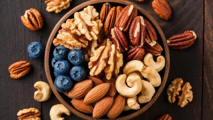 Poster - Assorted dried nuts including walnuts, pecans, cashews, and almonds with fresh blueberries in a dark wooden bowl on a black wooden surface.