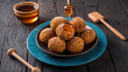 Poster - Traditional Peruvian Picarones on a dark wooden table, golden honey dripping from above onto round golden-brown doughnuts in a blue ceramic plate.