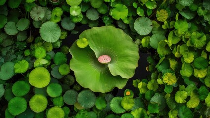 Poster - Vibrant green lotus leaf centered among varied round leaves in a lush natural garden with dark water and hints of bright blooms below.