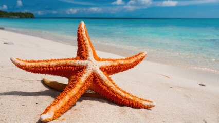Poster - Vibrant orange starfish positioned on white sandy beach with azure ocean and blue sky in background showcasing tropical coastal beauty